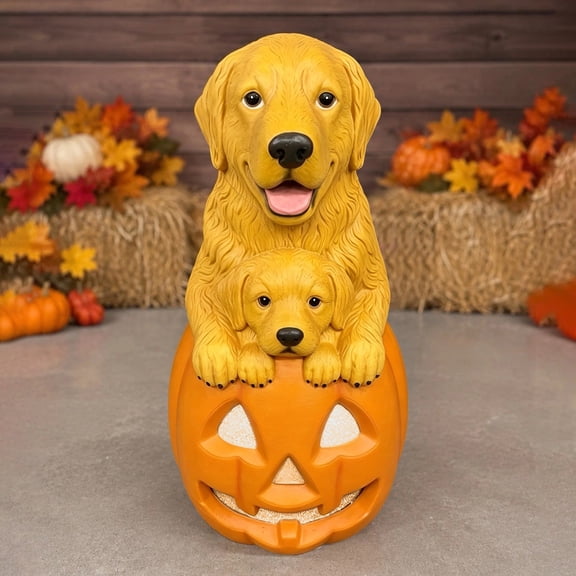 Halloween Resin Golden Retriever Mom and Puppy LED Light Up Pumpkin Decor for Porch, Garden, Shelf, Tabletop, Halloween Decorations