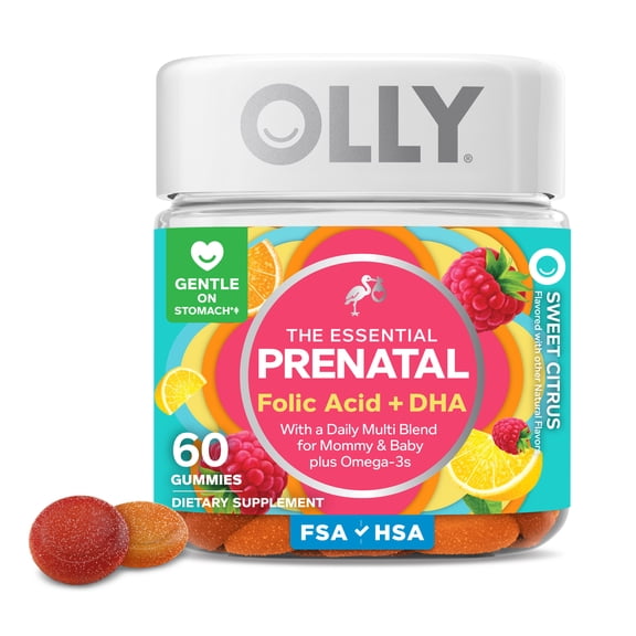 OLLY Prenatal Multivitamin Gummy Supplement, Folic Acid, Omega 3 DHA, 60 Count