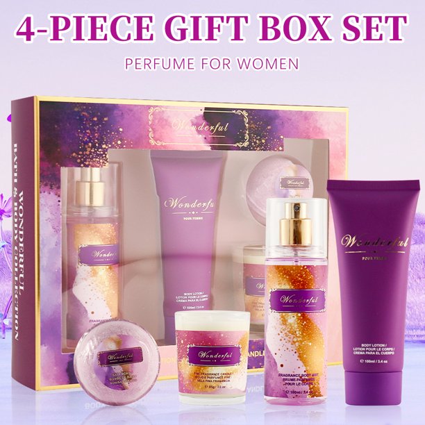 Conjuntos de fragancias para mujer: Spray corporal de 3,4 fl. oz, loción corporal de 3,4 fl. oz, vela de 3 oz y bomba de baño de 2 oz, 4 piezas, un regalo MARAVILLOSO para mujeres