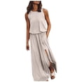 thumbnail image 1 of Ladies Round Neck Sleeveless Split Maxi Dress Classic Solid Color Flowy Design, 1 of 5