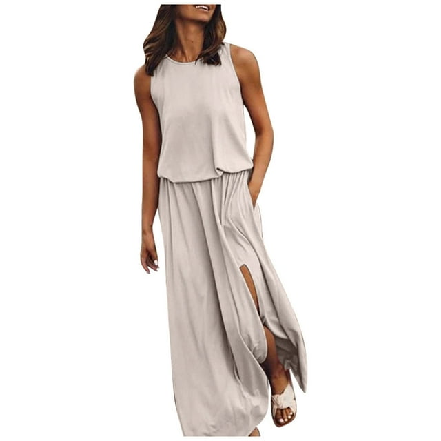 Ladies Round Neck Sleeveless Split Maxi Dress Classic Solid Color Flowy Design