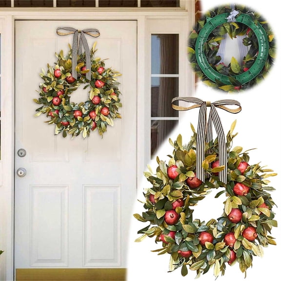 15.7 Inch Thanksgiving Fall Wreath with Pomegranates - Autumn Harvest Front Door Wreath with Fruit, Leaves & Ribbon for Farmhouse Indoor Outdoor Home Decor