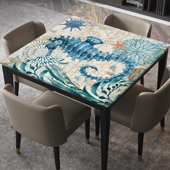 Sea Turtle Ocean Animal Square Fitted Tablecloth with Elastic Edge Fit Square Table, Waterproof Washable Table Cover for Dining Kitchen Party Indoor Outdoor Patio, Fitted for 32"x32" Table, Sea Type2