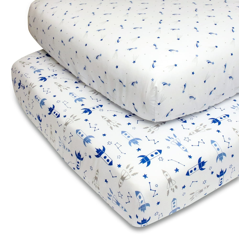 The Peanutshell, Rocket Star Baby Crib Fitted Sheets, 2pk Blue Grey for