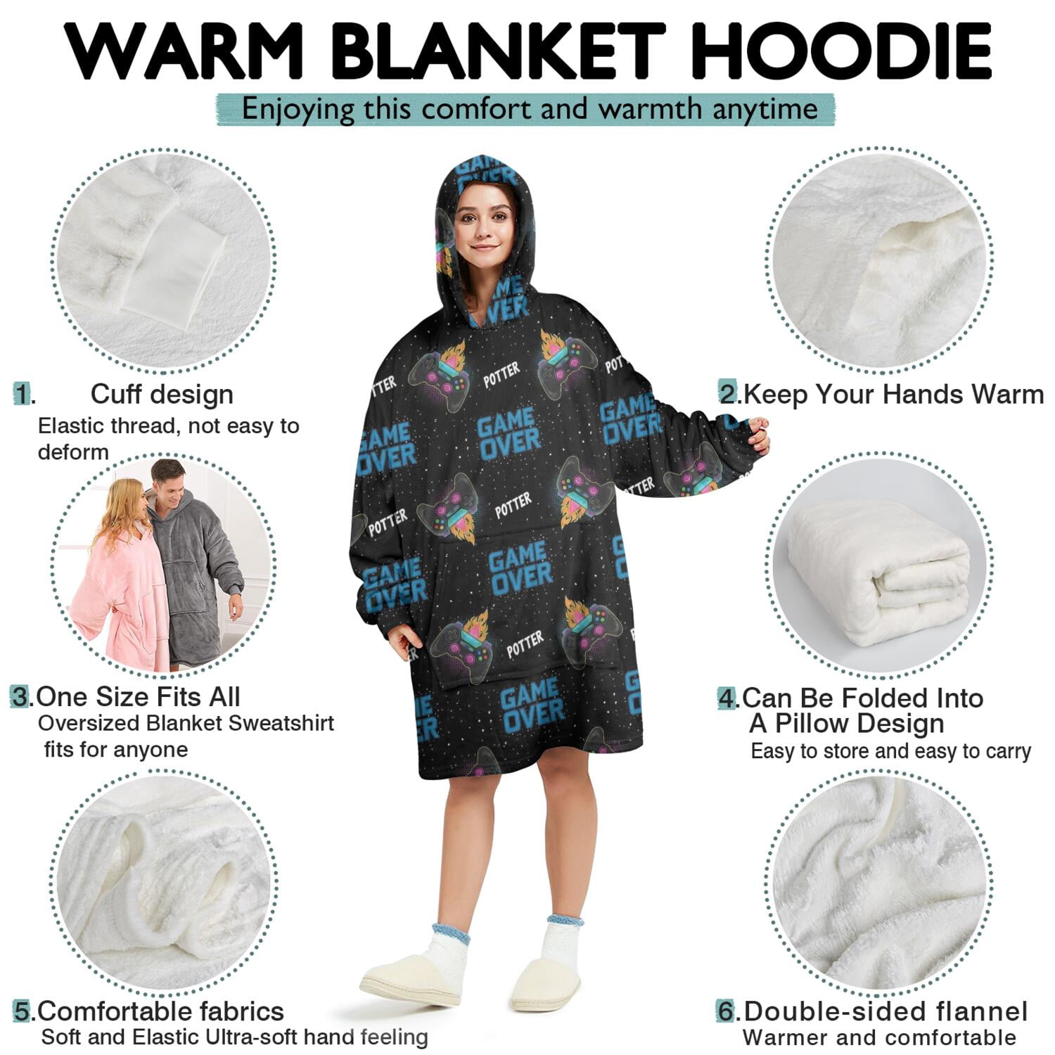 Wearable Oversized Blanket,Multicolor Controllers Games Icons Black Pattern Wearable Blanket Hoodie for Adults,Cozy Hooded Blankets with Super Pockets,Super Warm Fuzzy Pullover for Women & Men