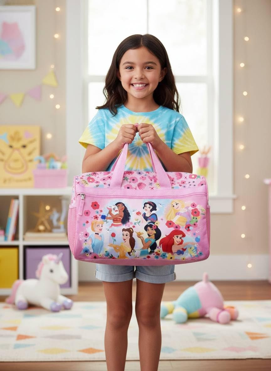 Disney Princess Kids Duffle Bag 16.5"  Travel & Sports Bag with Zipper Pocket, Mesh Side Pockets & Shoulder Strap