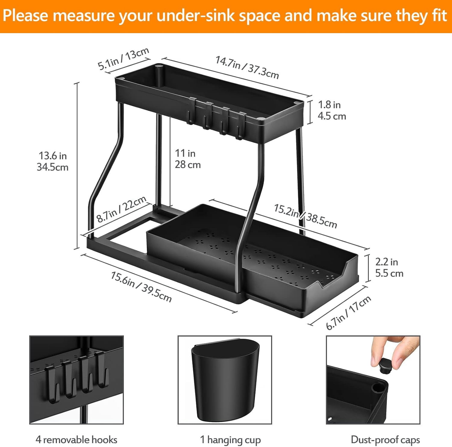2 Set of 2-Tier Bathroom and Kitchen Under Sink Organizers and Storage - L-Shaped Design with Sliding Storage Drawer, Pull Out Cabinet Storage Shelves Maximize Space