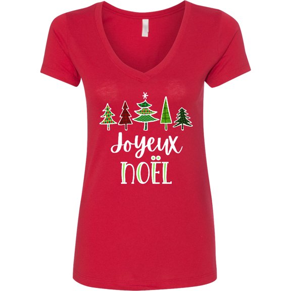 Inktastic Joyeux Noel with Christmas Trees Women's V-Neck T-Shirt