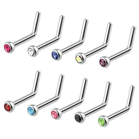 BodyJ4You 10PC Nose Ring L-Bend Stud 20G CZ Crystal Surgical Steel Nostril Bar Piercing (Best Metal For Nose Ring)