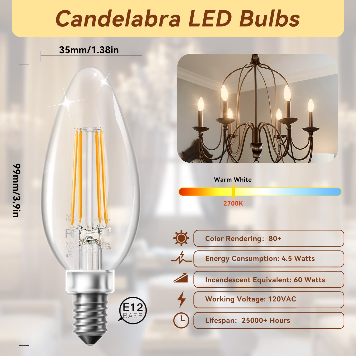 TJOY 12 Pack E12 Led Candelabra Bulbs 60W Equivalent, Dimmable Chandelier Light Bulbs, High Brightness 500 LM Warm White 2700K, B11 Filament Candle Light Bulbs, Clear Glass Style for Home