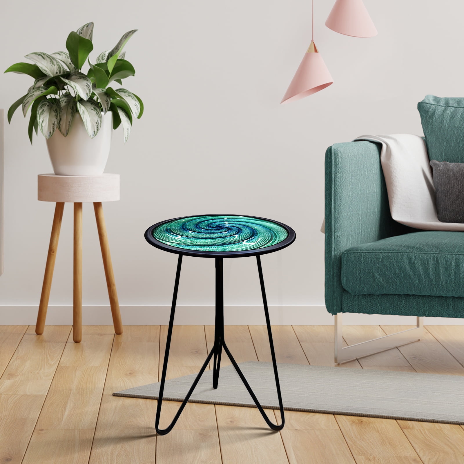 Liffy Green Glass Side Table - 20" Height Vortex Metal End Table with Plant Stand for Living Room, Balcony, Porch