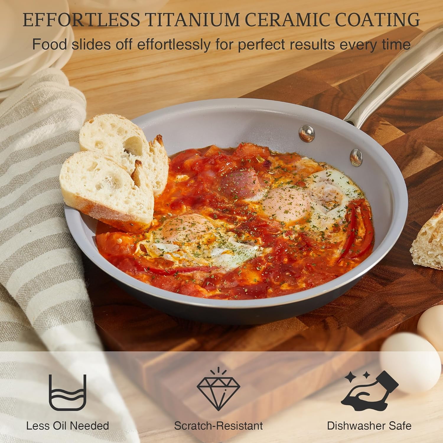 KITEXPERT Non Stick Frying Pans Set, Titanium Ceramic Pan Skillet Set Non Toxic, 8" 9.5" 11" Nonstick Frying Pan, Stainless Steel Handle, Dishwasher & Oven Safe,, Cream