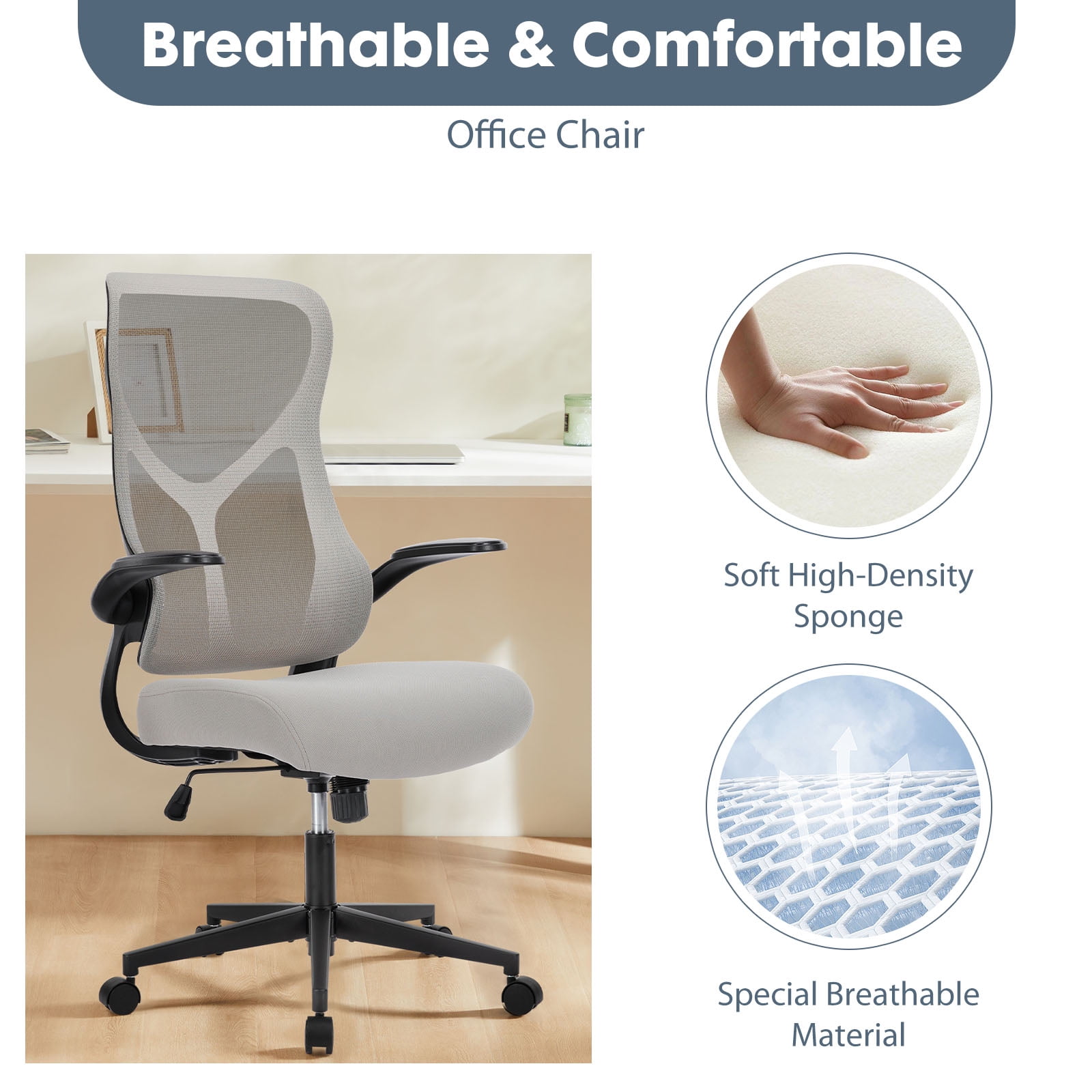 Gianna Ergonomic Office Chair with Comfortable Armrests, Adjustable Desk Chair for Home & Computer Use,White