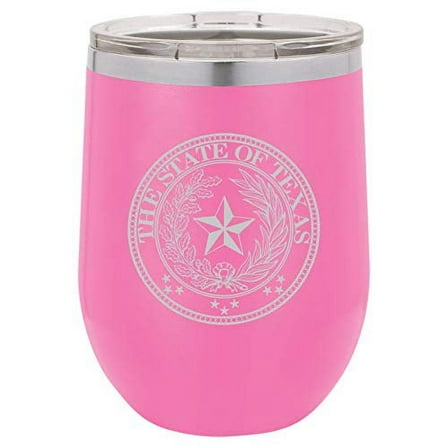 12 oz Double Wall Vacuum Insulated Stainless Steel Stemless Wine Tumbler Glass Coffee Travel Mug With Lid Texas State Seal (Hot Pink)