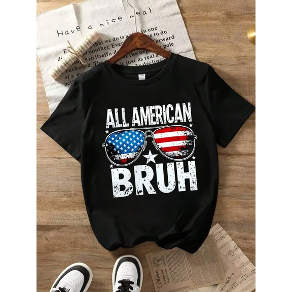 children’s wear Retro All American Bruh Boys Graphic T-Shirt, Patriotic USA Flag Sunglasses Kids Short Sleeve Tee, Funny 4th of July Toddler Summer Top