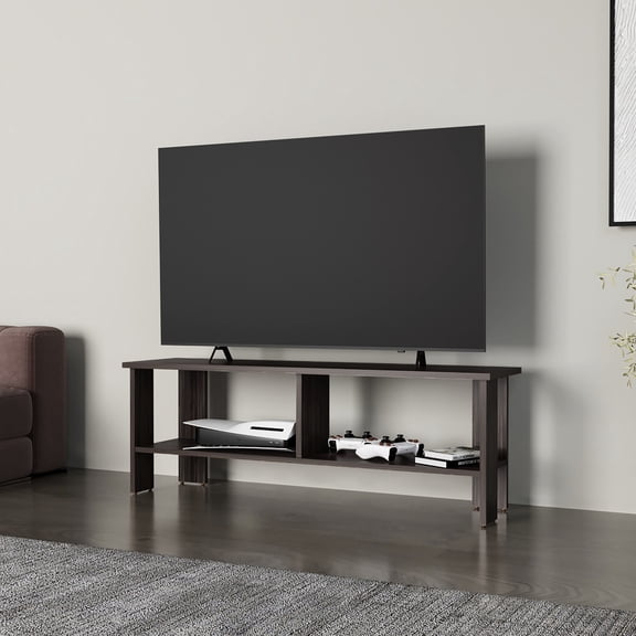 Walnut Stained Tv Console For 65" Tv, Modern Open Storage Design Concept