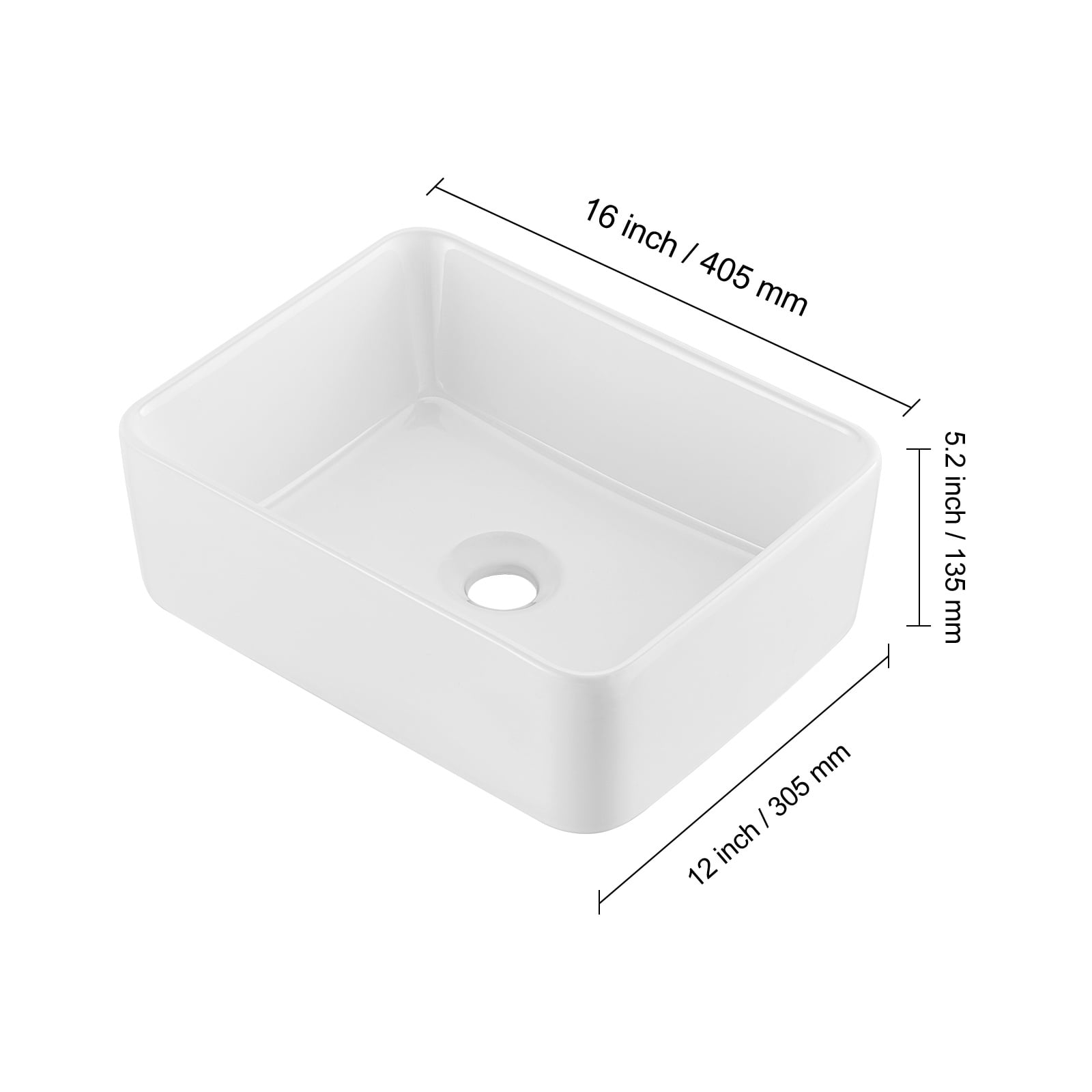 KFFKFF Rectangular Basin, 16"x12" Countertop Sink for Bathrooms, Crafted from White Ceramic, Designed for Above Counter Use