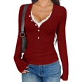thumbnail image 3 of Women Lace Henley T Shirts Button Down Slim Fit Tops Long Sleeve V-Neck Tunic Top Blouse Wine Red L, 3 of 8