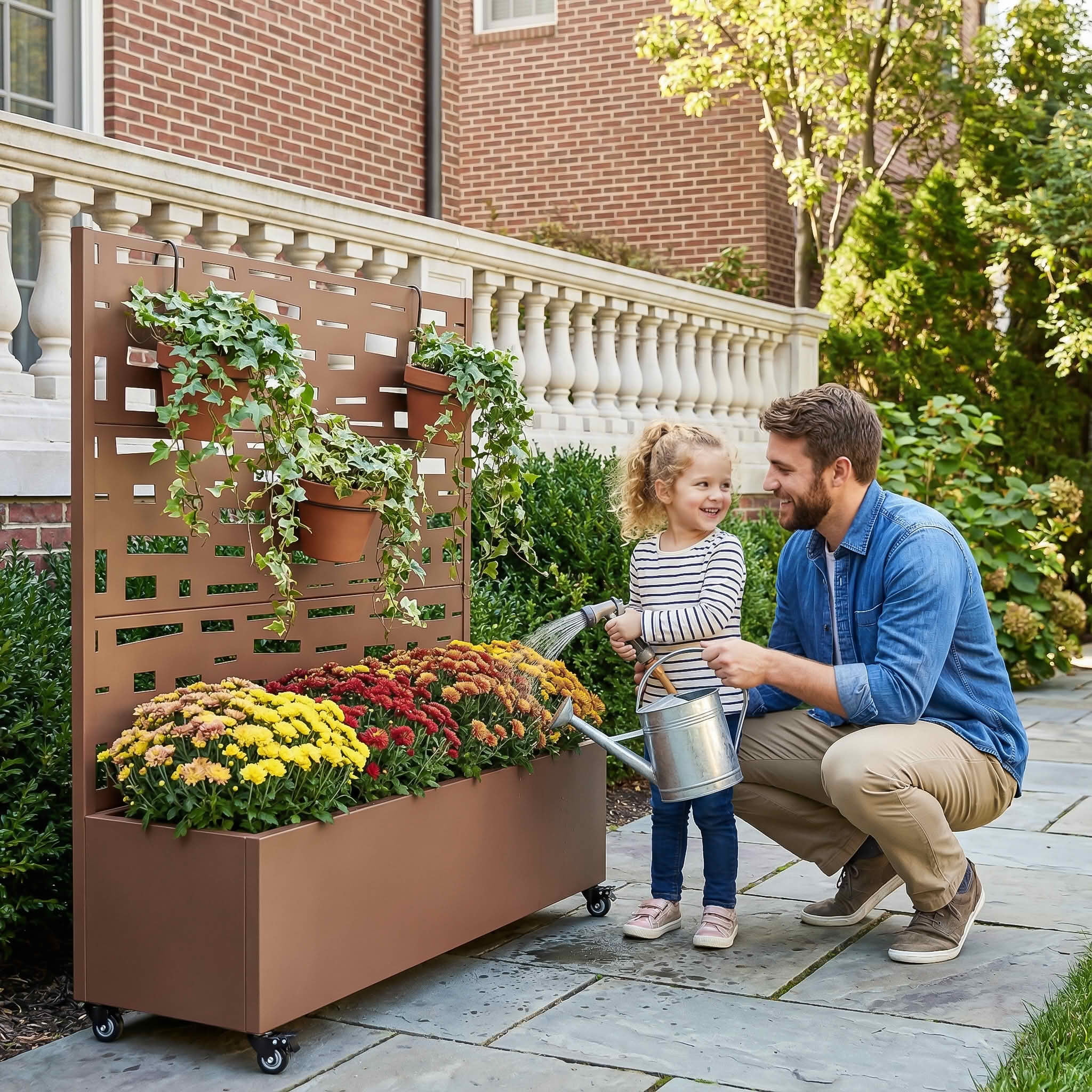 MAYEERTY 47X47" Metal Outdoor Brown Privacy Screen with Planter Box for Backyard & Garden, 3 Piece Set