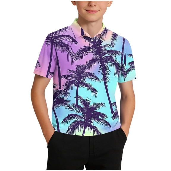 FAHXNVB Boys Hawaiian T Shirts Short Sleeve Tropical Palm Print Collared Summer Tees Tops Lightweight School Vacation Shirts 5-15 Years