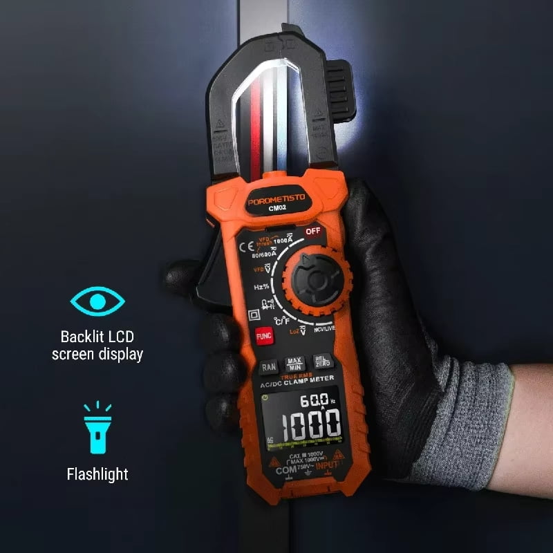 POROMETISTO-CM02 Digital Clamp Meter, 6000 Counts, Smart Measurement,True RMS,  Auto-Ranging Voltmeter, Non-Contact Voltage Detection, Measures AC/DC Volatge Live Wire