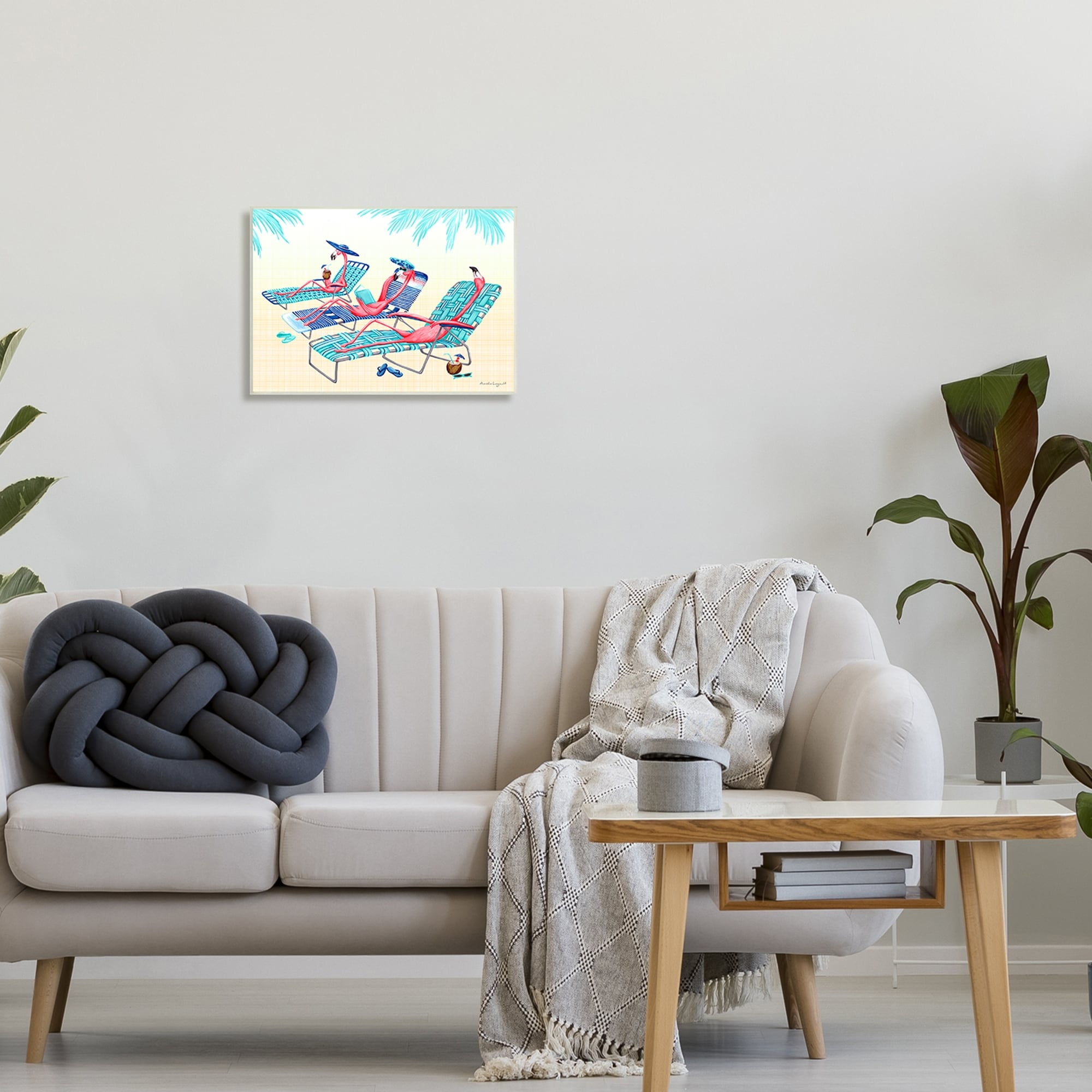 Stupell Industries Pink Flamingos Lounging Beach Chairs Tropical Scene Graphic Art Unframed Art Print Wall Art, Design by Amelie Legault