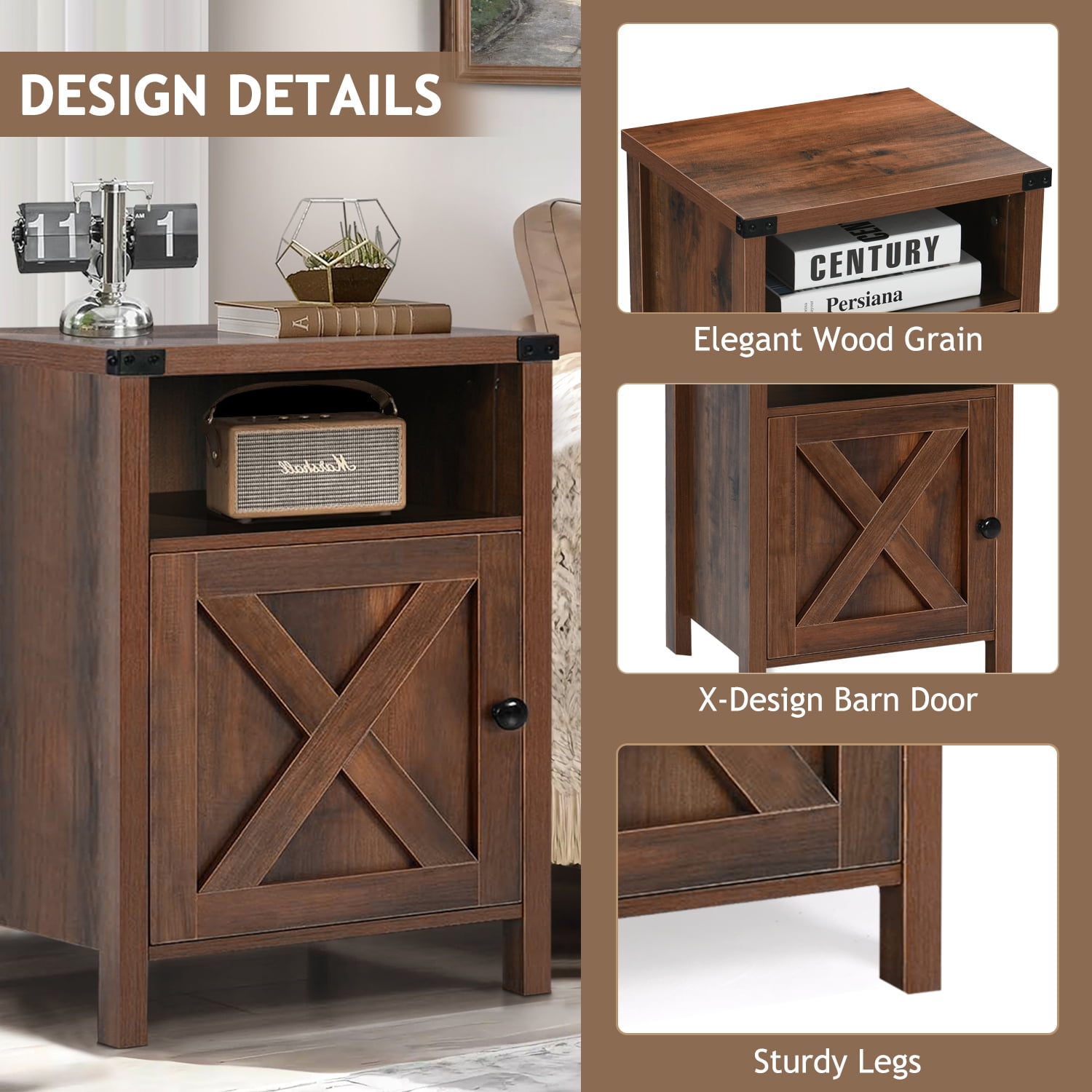 4 Ever Winner Rustic Bedside Barn Nightstand Set of 2, Compact End Table with Storage, Oak
