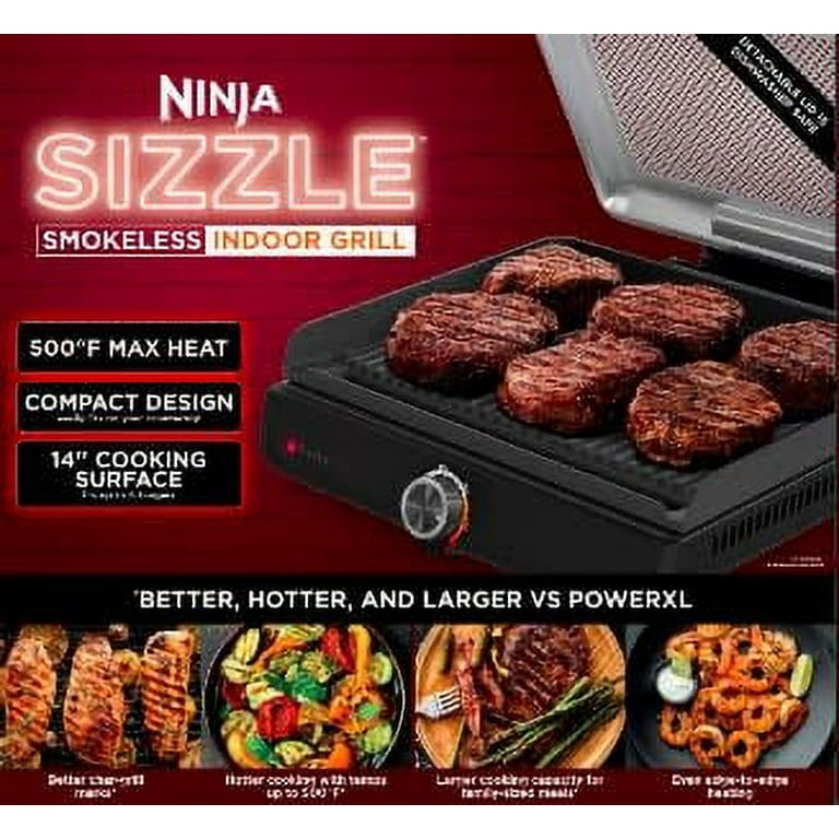  Ninja GR101 Sizzle Smokeless Indoor Grill & Griddle, 14''  Interchangeable Nonstick Plates, Dishwasher-Safe Removable Mesh Lid, 500F  Max Heat, Even Edge-to-Edge Cooking, Grey/Silver: Home & Kitchen