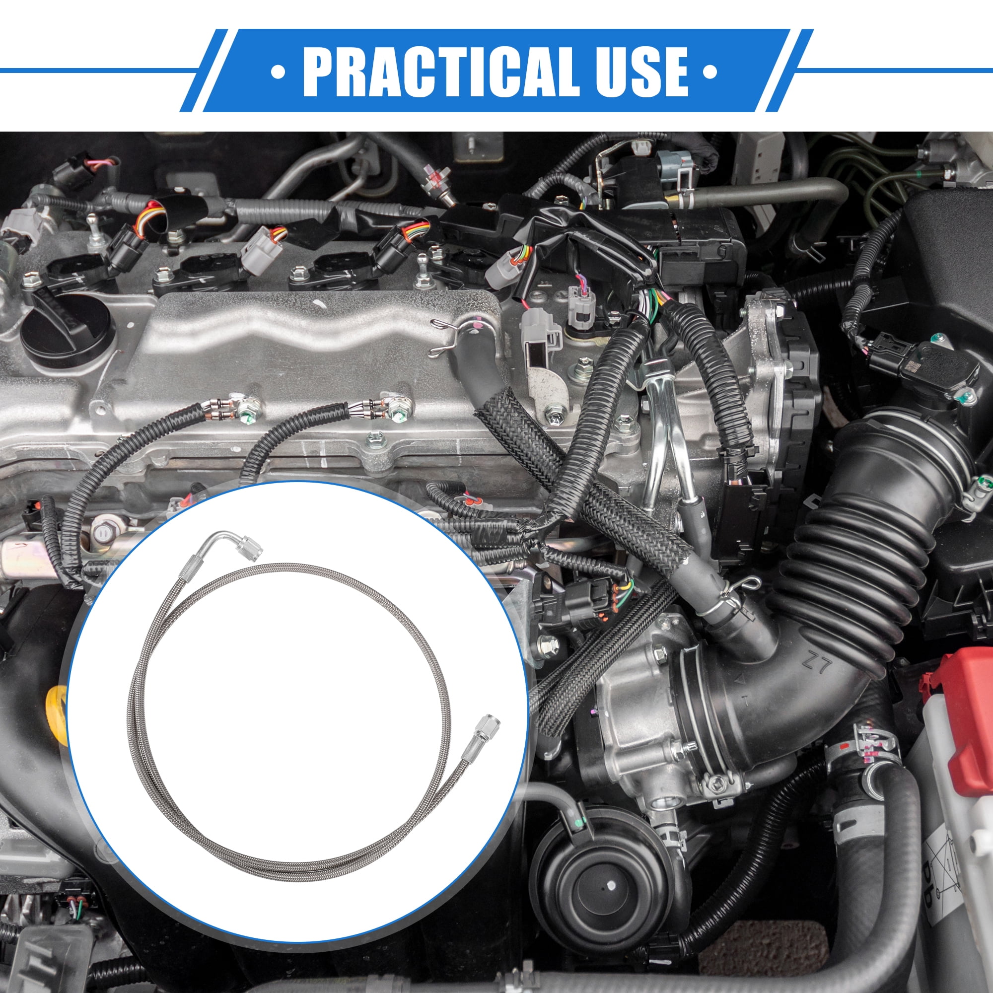 Unique Bargains AN3 Braided Steel Turbo Oil Feed Line 90 Degree to Straight Hose End 44"