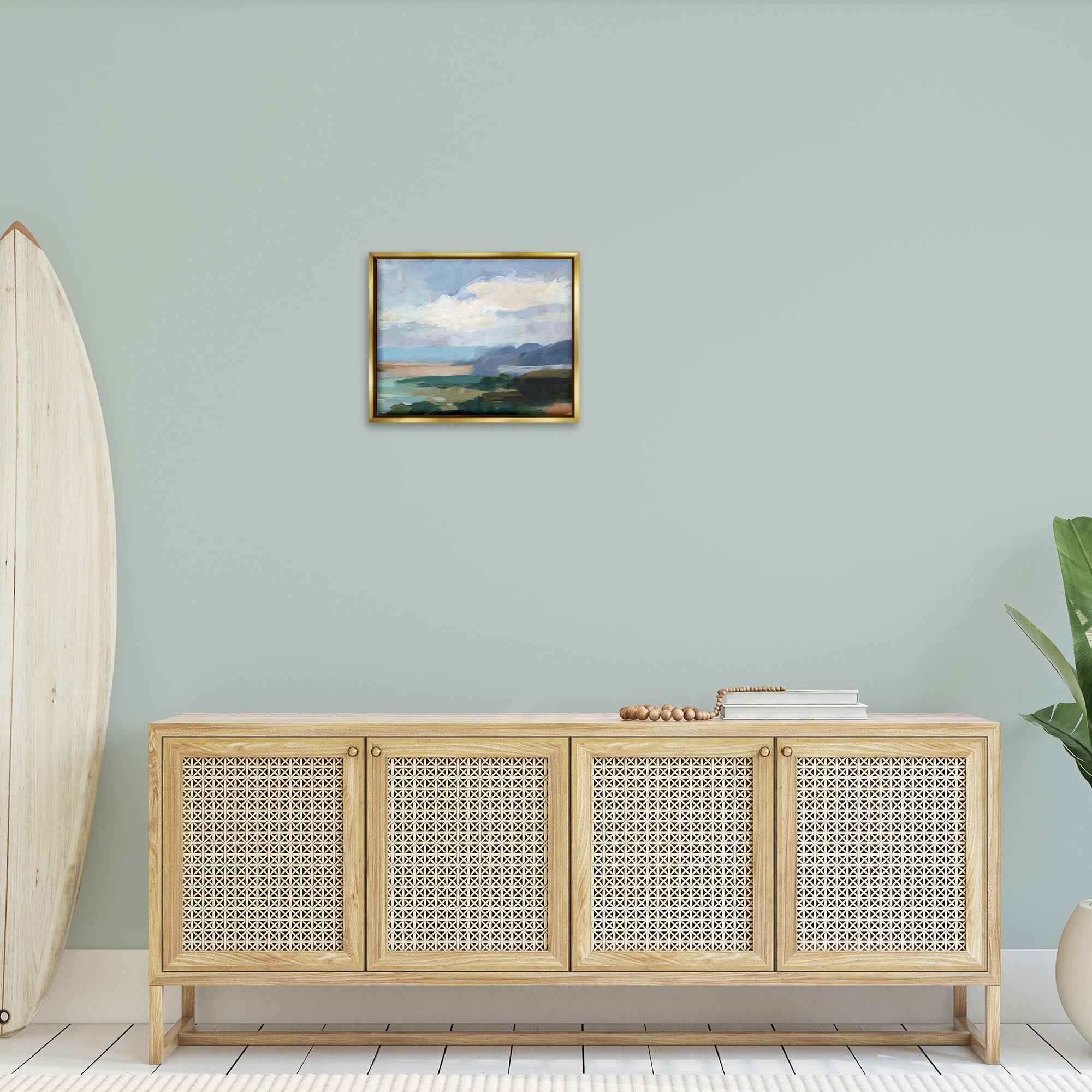 Stupell Industries Traditional Cloudy Beach Landscape Painting Gold Floater Framed Canvas Art Print Wall Art, 21 x 17