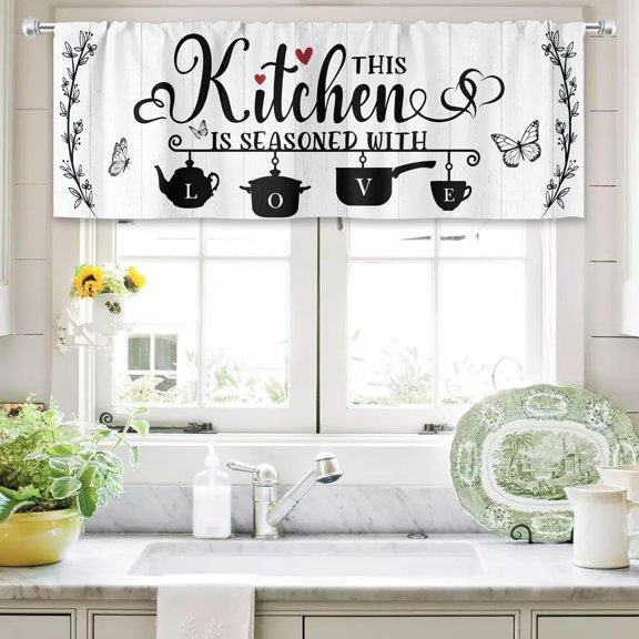Black and White Kitchen Curtains 54Wx18H Inch Rod Pocket Rustic Valance for Window Farmhouse Wooden Plank Country Drapes Vintage Quotes Printed Living Room Window Treatment Fabric 1 Panel