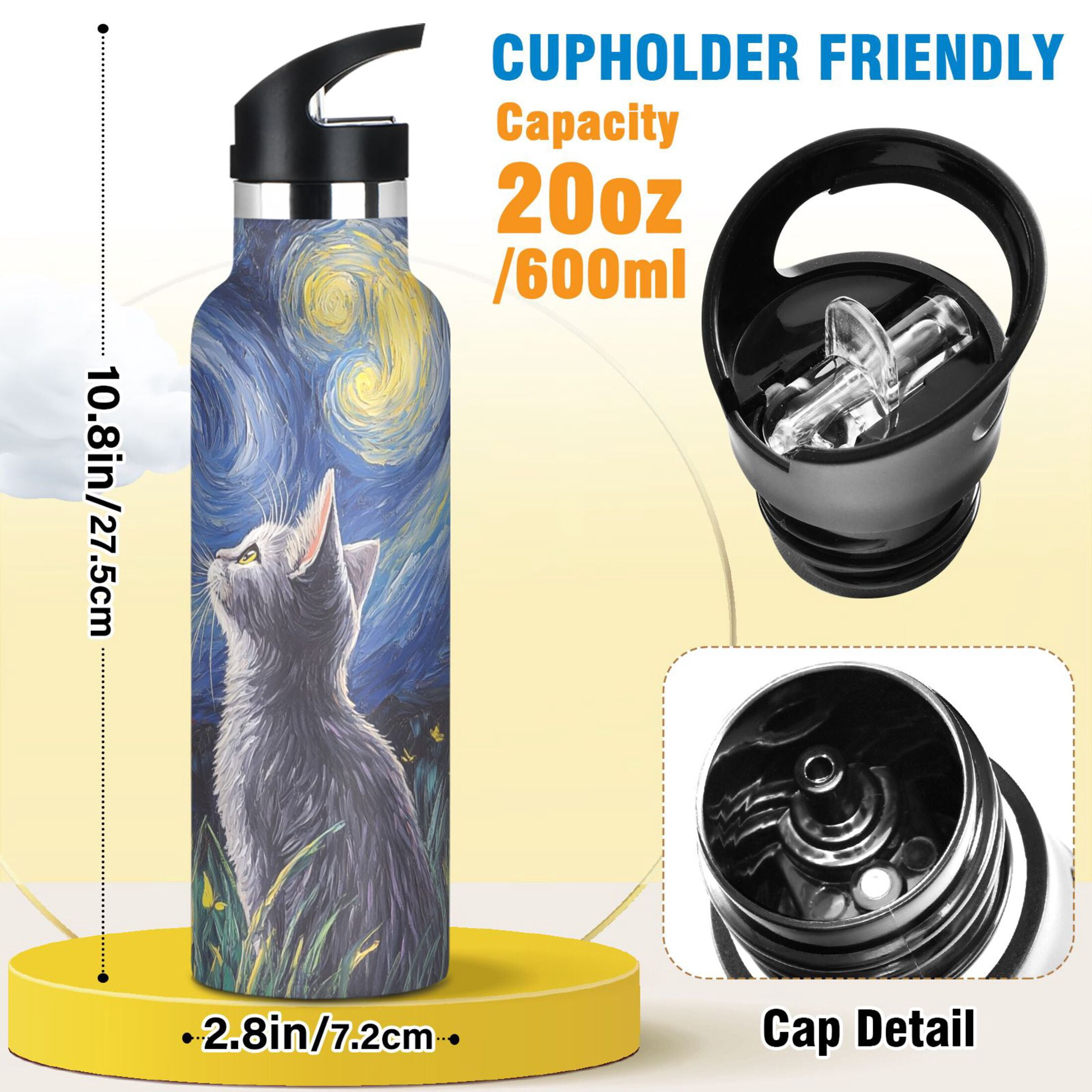 600ML Stainless Steel Insulated Cup Sports Water Bottle Portable Thermos Cup Water Glasses Insulated Tumblers Convenient and Durable Star Cat