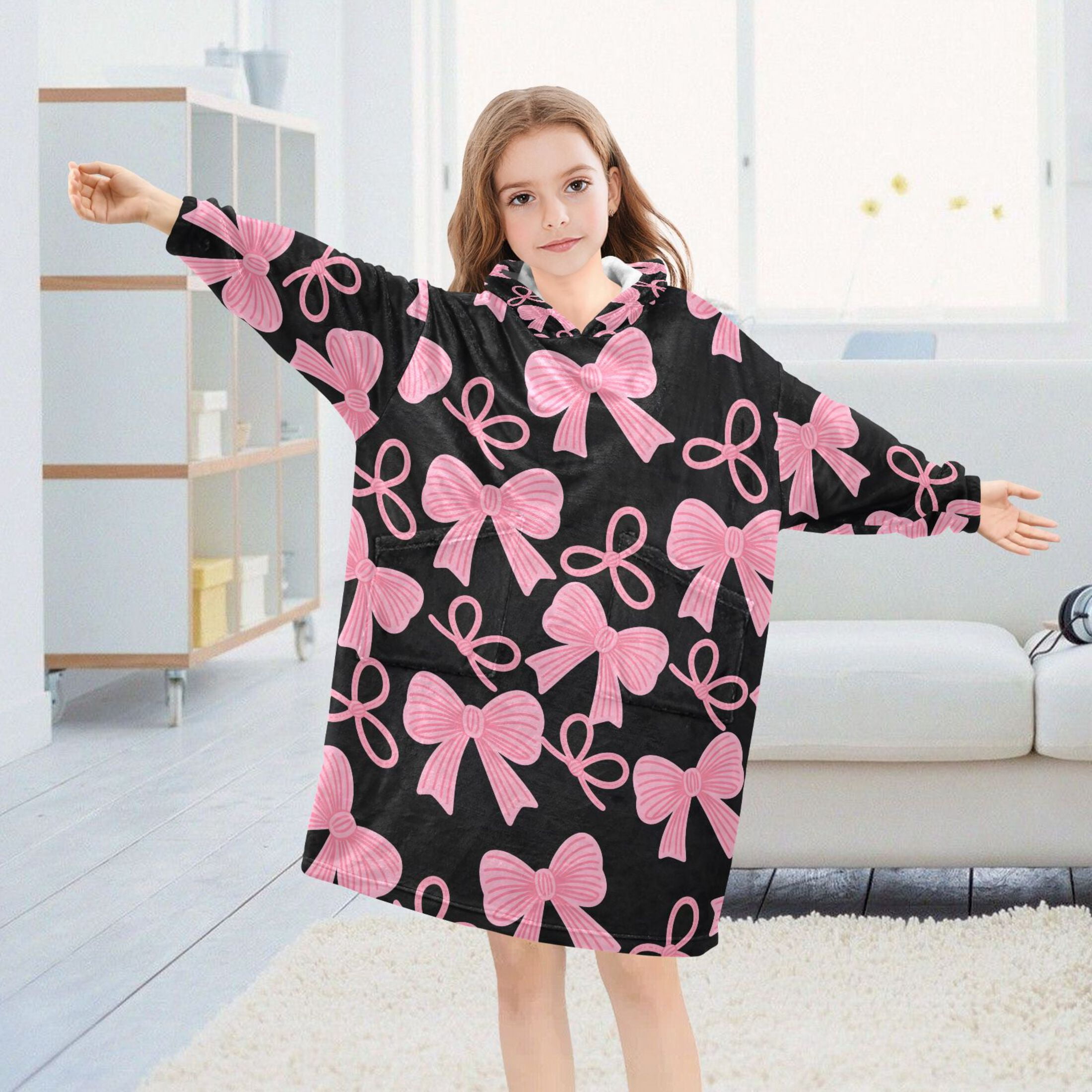 joogoo Wearable Blanket Hoodie for Pink Bows Flannel Sherpa Pocket 3-14 YR S
