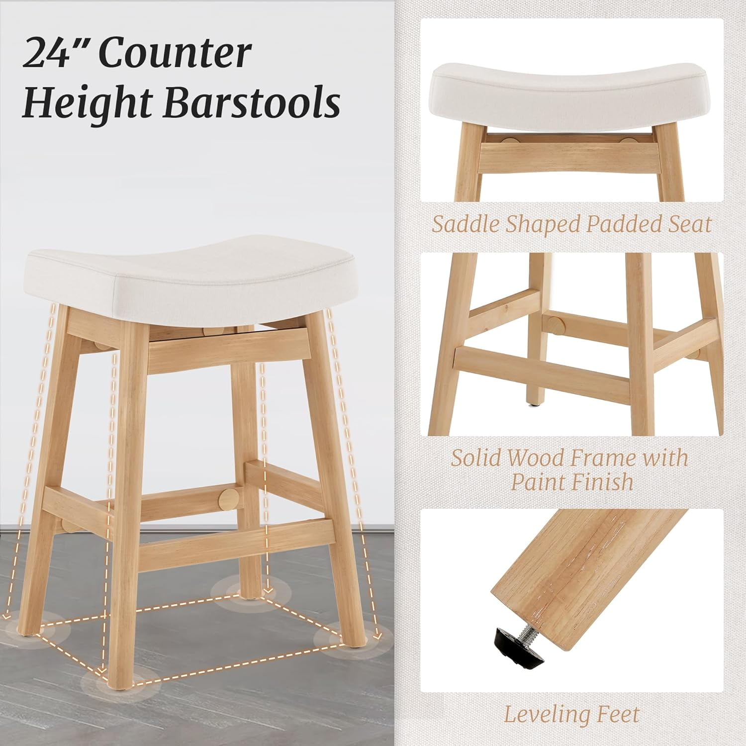 Dycanpo Saddle Seat Counter Height Bar Stools Set of 2 for Kitchen, Dining, 24in, Beige-Fabric
