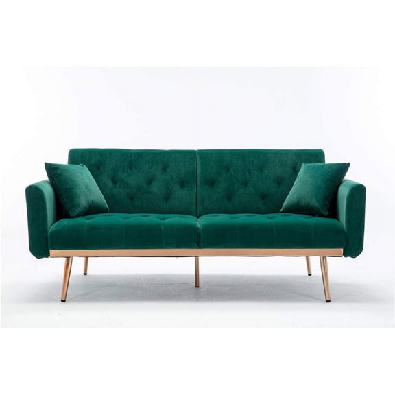 63" Accent Sofa, Mid Century Modern Velvet Fabric Couch, Convertible Futon Sofa Bed ,Recliner Couch Accent Sofa Loveseat Sofa with Gold Metal Feet (Green)