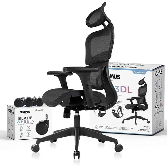 NOUHAUS Ergo3DL Chaise de Bureau Ergonomique en Maille à Dossier Haut avec Appuie-Tête, Soutien Lombaire et Accoudoirs Réglables, Noir