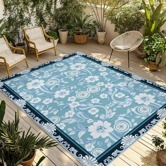 Fsddascl Light Blue White Flowers Outdoor Rug for Patio/Deck/Porch, Non-Slip Large Area Rug 4 x 6 Ft, Rustic Vintage Botanical Leaves Indoor Outdoor Rugs Washable Area Rugs, Camping Rug Carpet