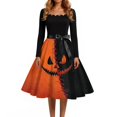 thumbnail image 4 of Halloween Dresses for Women Witch Hat Printed Square Neckline Horror Dresses Bat Hepburn Long Sleeve Scary Tea Length Dress with Belt 2XL, 4 of 5