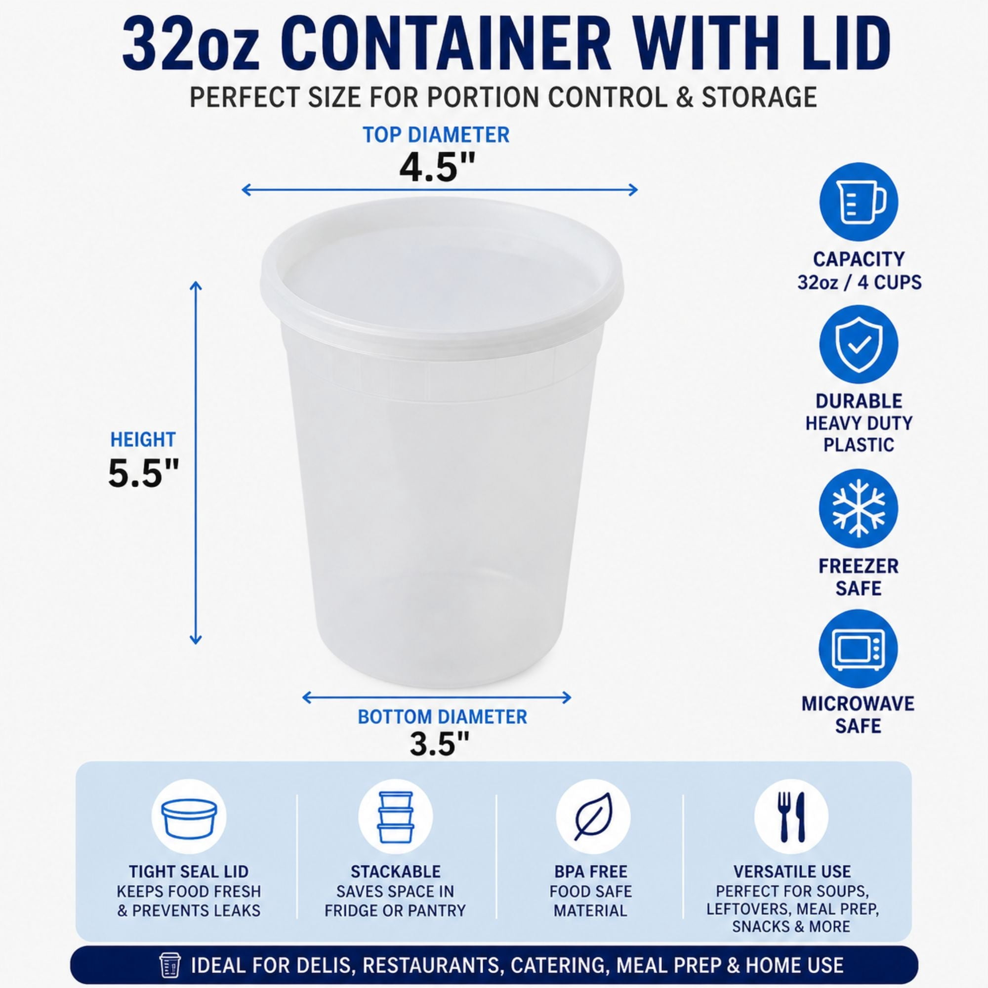 Heavy Duty 32 Oz Deli Food Storage Containers with Airtight Lids, BPA Free Leak Proof Plastic Meal Prep Containers, Clear, Set of 96