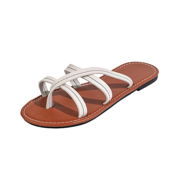 Gpaecead Women Crisscross Flat Ring Toe Sandals Soft Faux Leather Non Slip Breathable Summer Comfortable Beach Shoes, White