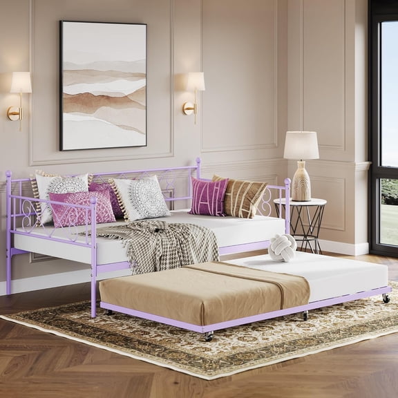 Daybed with Trundle, Sturdy Metal Twin Bed Frame with Stylish Headboard, Steel Slat Support Sofa Bed for Living Room, Bedroom and Guest Room, Purple