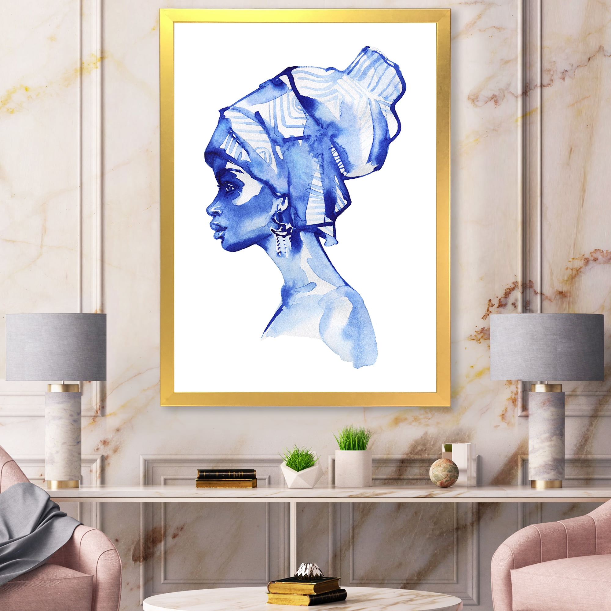Designart 'Afro American Woman Blue Fashion Portrait' Modern Framed Art Print