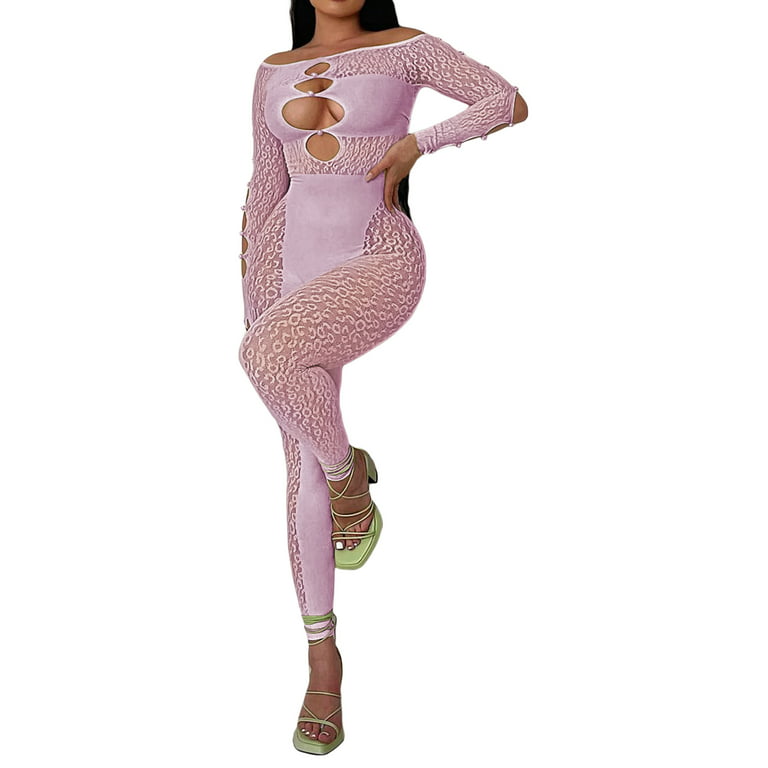 Fela Money Printed Sheer Mesh Long Sleeve Jumpsuits - Pink / XL