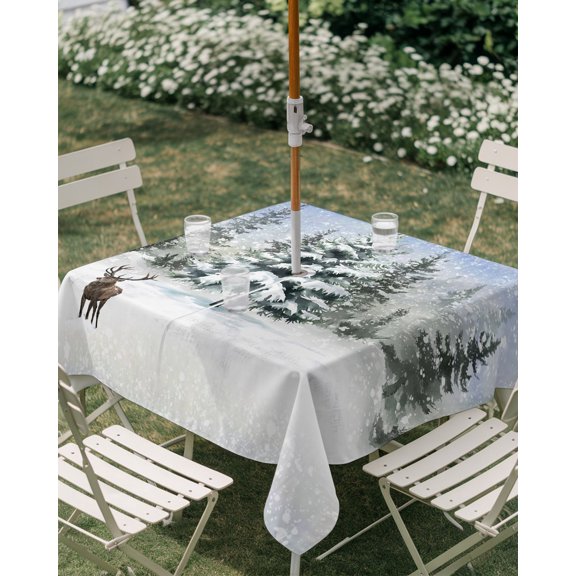 Outdoor Tablecloth with Umbrella Hole, Christmas Tree Winter Snowflake Zippered Table Cloth for Rectangle Tables, Christmas Deer Washable Waterproof Tablecloths for Picnic Patio Garden