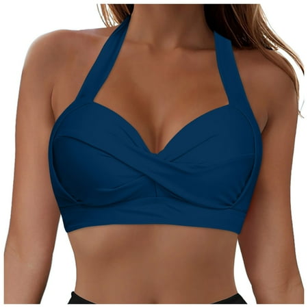 vigerkar Women s Vintage Halter Neck Tie Knot Back Soft Molded Padding Bikini Top Swimsuit Bathing Suit Tops Only Blue  L