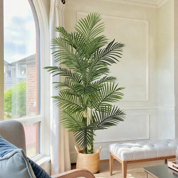RosyHaven 7ft UV Resistant Artificial Golden Cane Palm Tree with Full Leaves and Realistic Trunks,84"Faux Palm Tree,Fake Palm Tree for Poolside Patio Living Room Balcony Outdoor Indoor Decor