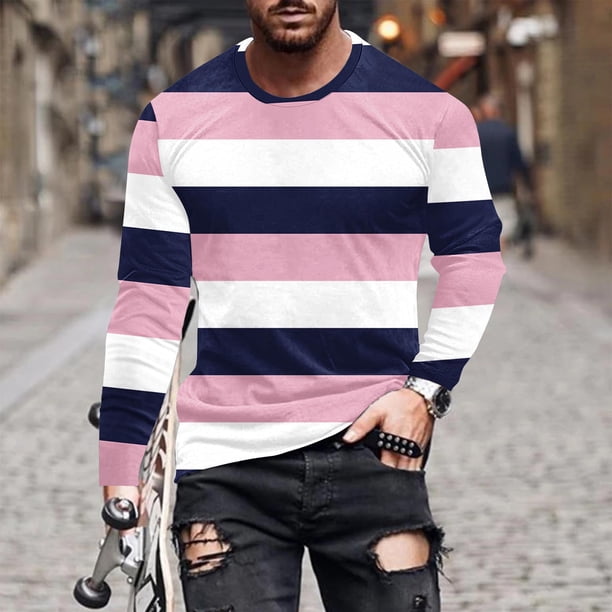 Blusas y camisas de manga larga con cuello redondo para hombre, blusa informal de manga larga con cuello redondo y estampado de rayas, blusa de poliéster para hombre