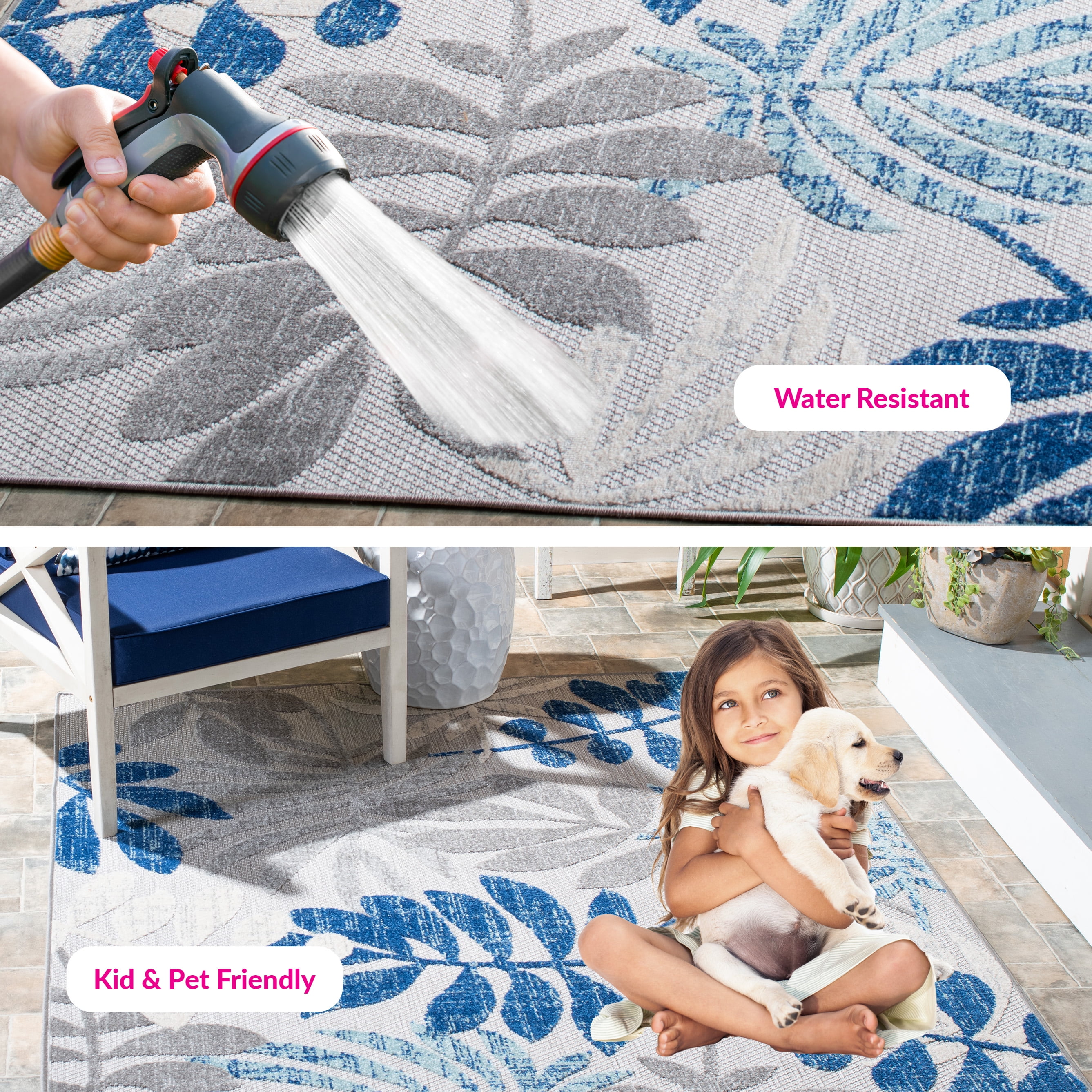 SAFAVIEH Cabana Elouise Botanical Indoor/Outdoor Area Rug, Grey/Blue, 5'3" x 5'3" Square