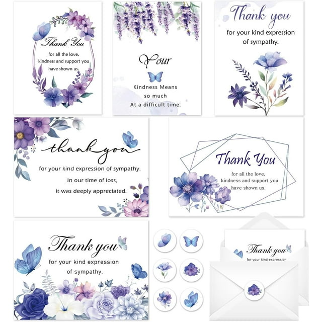 xianyou-Funeral Thank You Cards with Envelopes 24Set Butterfly Funeral Sympathy Thank You Cards with Envelopes and Stickers Flower Bereavement Thank You Cards Loss Condolences Card Gifts for Loss