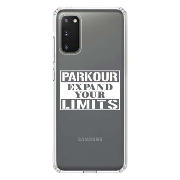 DistinctInk Clear Shockproof Hybrid Case for Galaxy S20 / S20 5G (6.2" Screen) - TPU Bumper Acrylic Back Tempered Glass Screen Protector - Parkour Expand Your Limits
